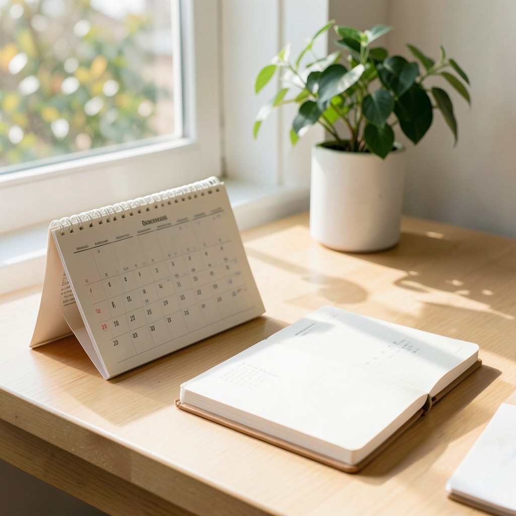 Kalender und Notizbuch auf einem hellen Schreibtisch